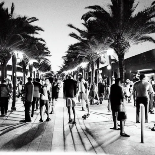 Prompt: a medium shot of a line of people outside of a trendy nightclub at midnight, palm trees on the street, directed by christopher nolan