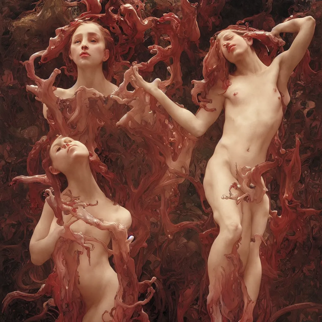 Image similar to grotesque veiny glossy wet gory nightmare fungus demon god. uhd, amazing depth, cinematic lighting, levitating floating fungus god with arms outstretched. by artgerm and greg rutkowski and alphonse mucha and william - adolphe bouguereau.