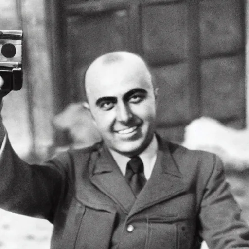 Image similar to a medium shot photo of enver hoxha extremely happy to have a pistol in his hand,8k, DSLR, highly detailed skin, highly detailed hands