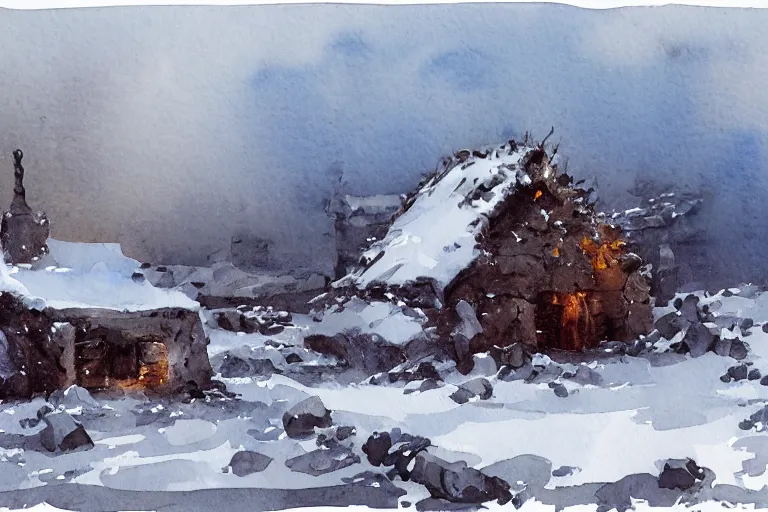 Image similar to small centered on watercolor paper, paint brush strokes, abstract watercolor painting of ancient viking house ruins in snow, daylight, blue sky, cinematic light, national romanticism by hans dahl, by jesper ejsing, by anders zorn, by greg rutkowski, by greg manchess, by tyler edlin