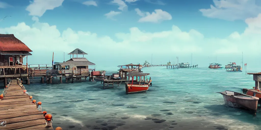 Image similar to pulau indah jetty fishing town in the morning, detailed matte painting, telephoto lens, bokeh, studio ghibli, artstation