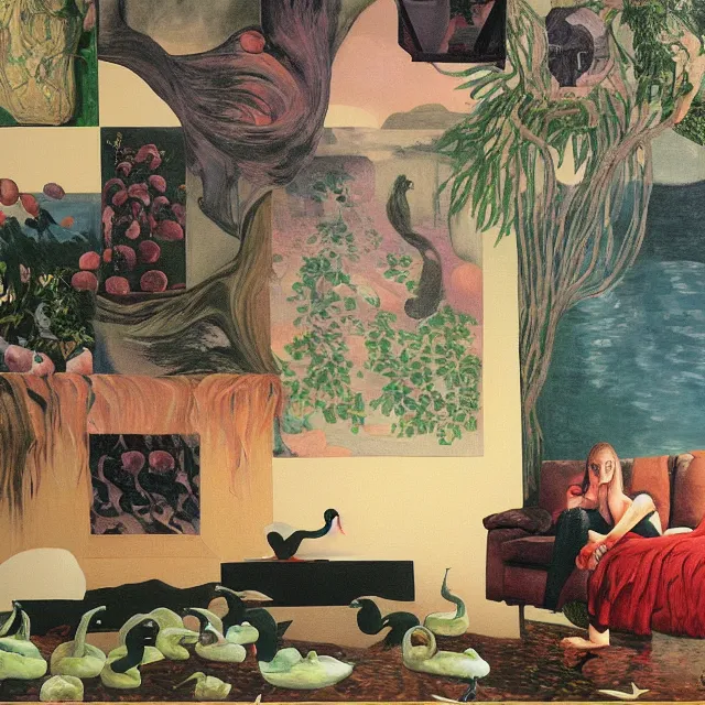 Image similar to female emo art student in her lounge room, painting of flood waters inside an artist's loungeroom, a river flooding indoors, pomegranates, pigs, ikebana, water, octopus, river, rapids, waterfall, black swans, canoe, berries, acrylic on canvas, surrealist, by magritte and monet