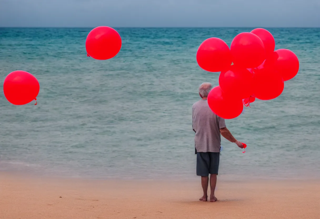 Image similar to a photo of old man on the beach holding red balloons., sharp focus, ground level view