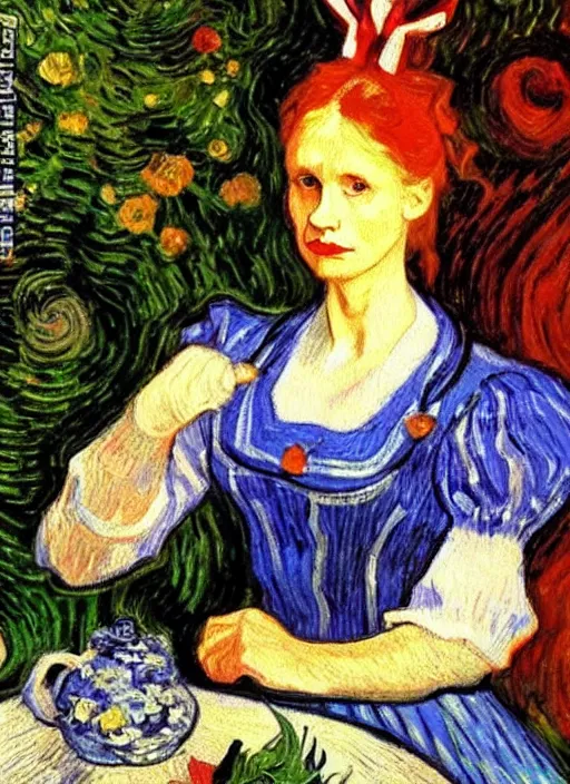 Image similar to lifelike oil painting portrait of alice in wonderland by van gogh