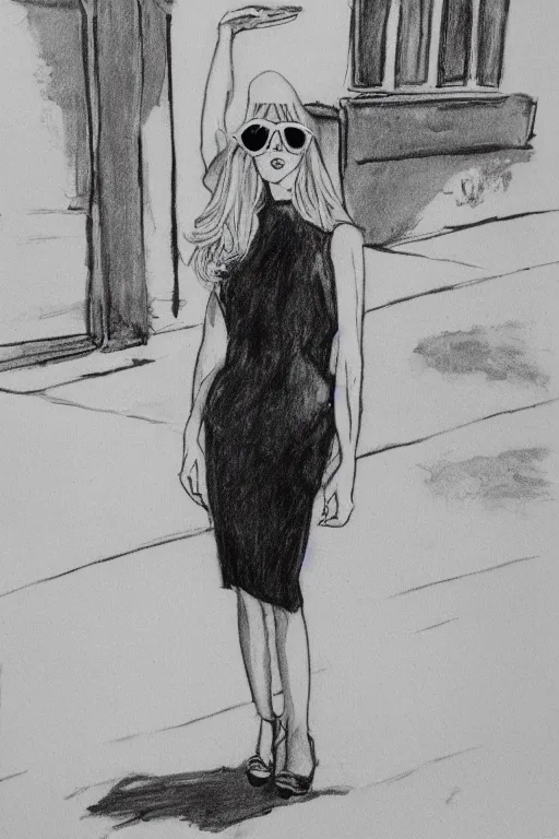 Prompt: lady gaga standing on a street corner, black and white pencil and ink