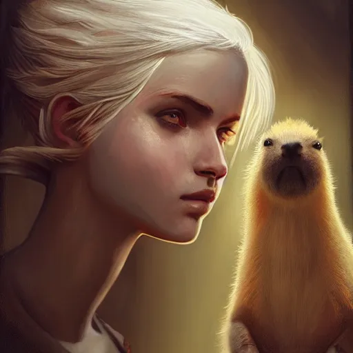 Prompt: ciri holding a capybara, expressive oil painting, digital art, beautiful lighting, highly detailed, trending on artstation, by Vincent va Gogh