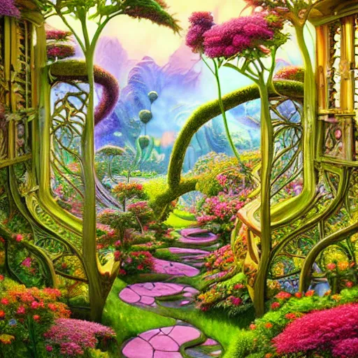 Image similar to cosmic garden ridge nature photography intricate details fantasy art nouveau weird by artgerm, frank gehry, evgeny lushpin, m. c. escher, rhads, john howe, lisa frank, greg rutkowski