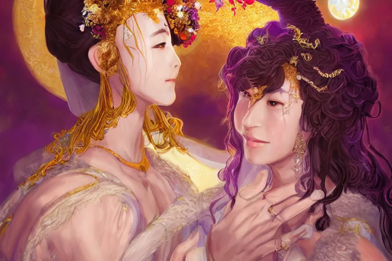 Image similar to a cinematic portrait of wedding photograph jpeg close up moment of a divine a japan sun god and moon goddess lovers magician at a wedding banquet. portraiture. digital painting. artstation. concept art. fantasy wedding photo. digital painting, 8 k realistic, hyper detailed, violet evergarden art masterpiece by art by krenz cushart