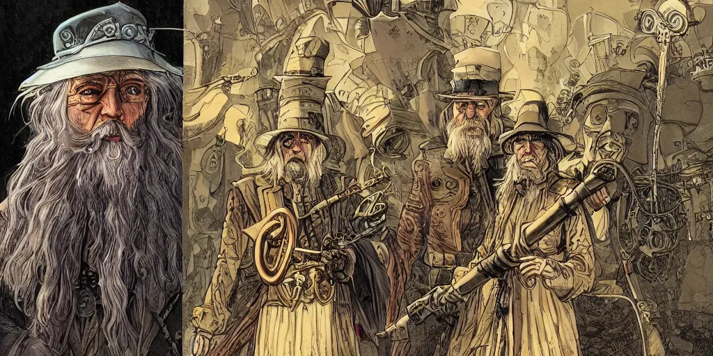 Prompt: steampunk, gandalf, moebius