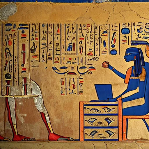 Image similar to a man using a computer, artwork by ancient egyptian mural, tomb, fresco, register, hieroglyphics.