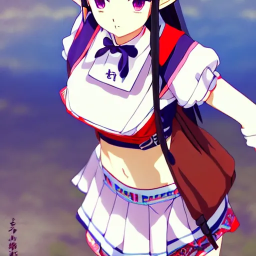 Image similar to a beautiful boyish zelda alluring gravure model, wearing japanese school girl outfit with mayan pattern and native style, modern aztec street fashion, perfect anime face, gapmoe yandere grimdark, trending on pixiv fanbox, painted by greg rutkowski makoto shinkai takashi takeuchi studio ghibli, akihiko yoshida