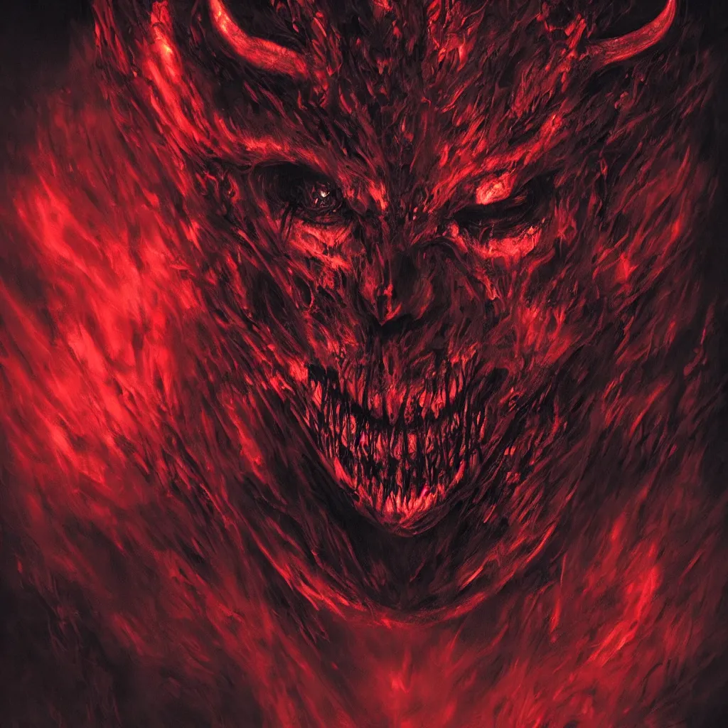 Prompt: a scary devil face with soft red color and black color with bloodshot and luminous eyes ,against a hellish background with a lot of smoke, darkart, hyperdetailed, hyperealistic, cinematography, 16k, 3D, Artstation, Deviantart, very beautiful