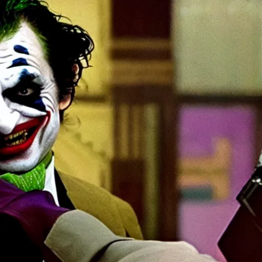 Image similar to A still of Mr Bean as the Joker pointing a gun at the camera in Joker (2019)