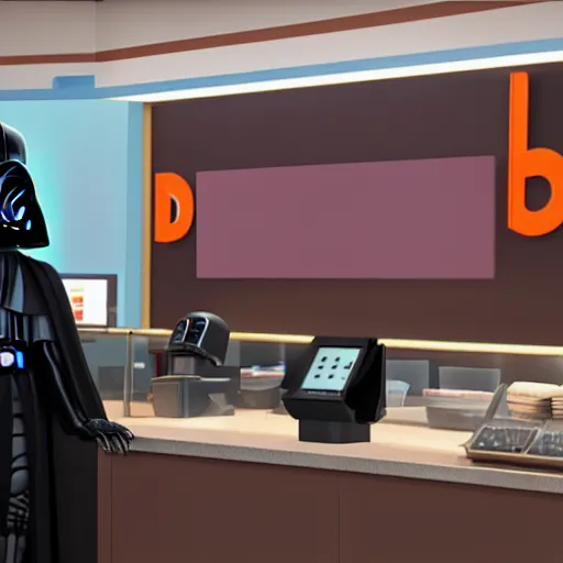 Image similar to darth vador working at dunkin donuts , 8k cinematic lighting, very sharp detail, anatomically correct