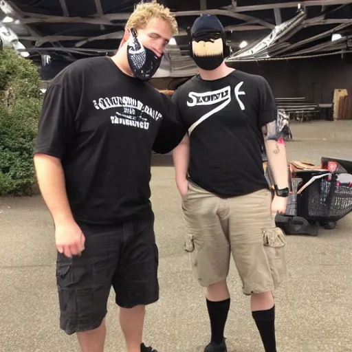 Prompt: ethan van sciver hanging out with a short stocky guy who wears a red ski mask over his face with black ski goggles, cargo shorts and a plain black t - shirt that says cash grab