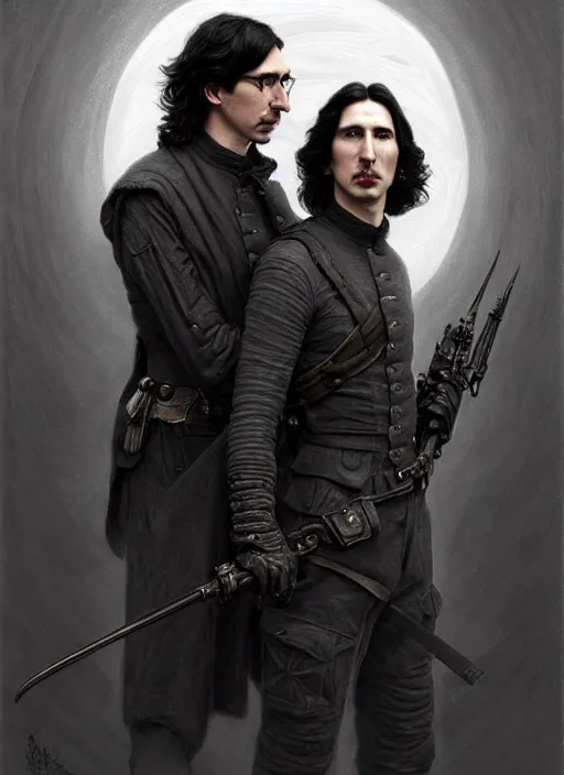 Image similar to painting of both john oliver and adam driver together, john oliver, adam driver, stoic, full body, military uniform, fantasy, intricate, elegant, beautiful, highly detailed, charcoal, centered, dark, smokey, digital painting, concept art, smooth, sharp focus, illustration, art by artgerm, art by greg rutkowski, art by alphonse mucha