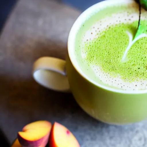 Image similar to peach matcha latte being served by a cute lizard, high quality food photography