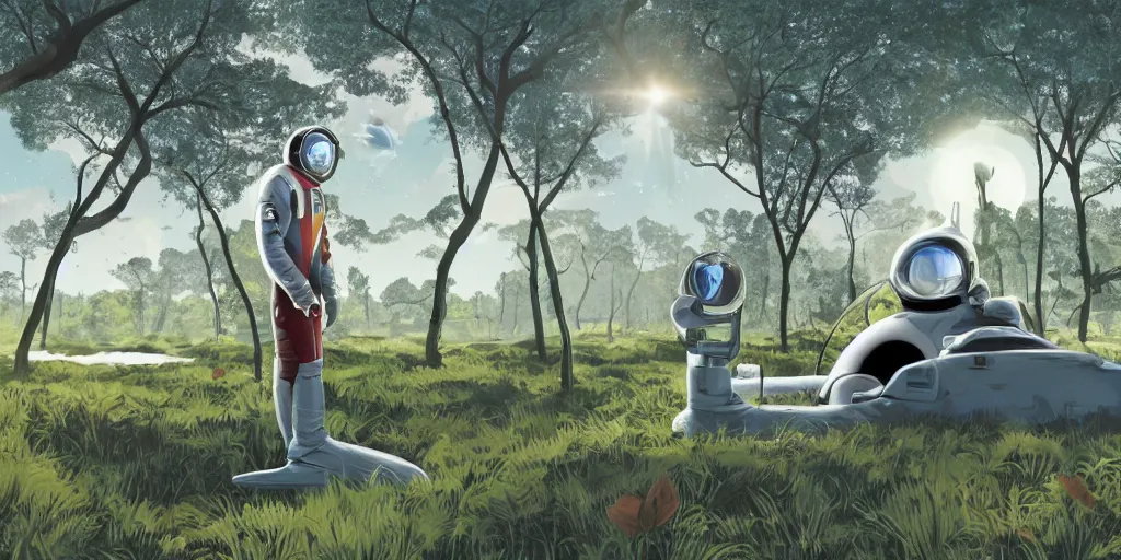 Prompt: portrait of Alain Delon pilot in spacesuit on field forrest spaceship station, artillery, lake, trees, long shadows in outer worlds in FANTASTIC PLANET La planète sauvage animation by René Laloux