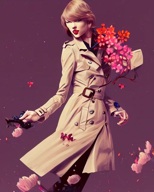 Image similar to taylor swift wearing fashionable trench coat, auburn flower storm, jesper ejsing, artgerm, petros afshar, tom whalen