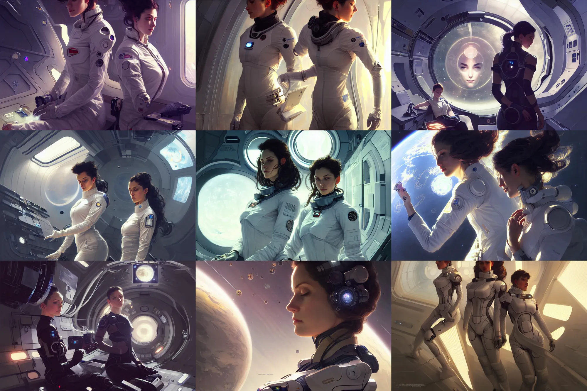 Prompt: sensual beautiful female pale young doctors wearing deus ex human revolution clothing in a space station above earth, portrait, elegant, intricate, digital painting, artstation, concept art, smooth, sharp focus, illustration, art by artgerm and greg rutkowski and alphonse mucha