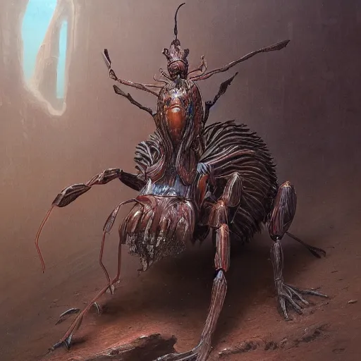 Prompt: A detailed intricate painting of an anthropomorphic ant queen standing on her hind legs with large legs looking forward, formian pathfinder, digital art 4k, Wayne Barlowe Greg Rutkowski
