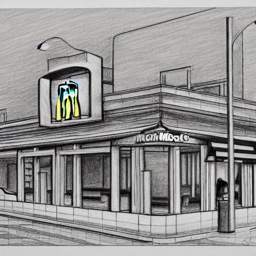 Prompt: drawing of mcdonalds restaurant building, highly detailed, smooth, sharp focus, drawing by m. c. escher