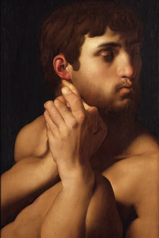 Image similar to renaissance painting of young man, monk haircut, pleading face, tears dripping from the eyes, emotions closeup, dressed in roman armour, the beautiful garden, ultra detailed, art by Guido Reni style, Vincenzo Catena style