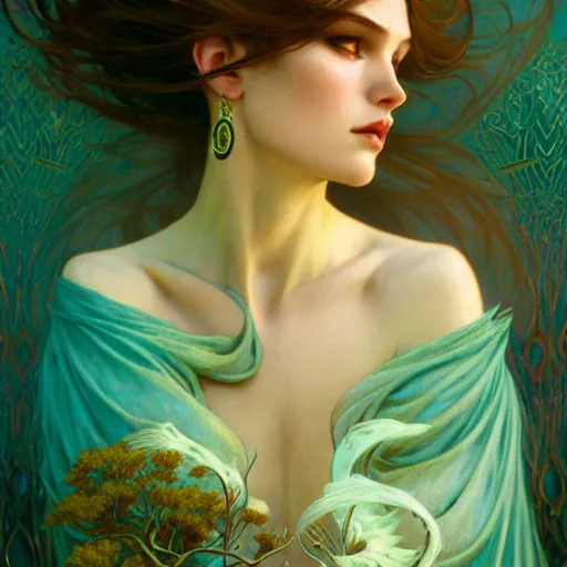 Image similar to pale teal, fantasy, intricate, elegant, dramatic lighting, emotionally evoking symbolic metaphor, highly detailed, lifelike, photorealistic, digital painting, artstation, concept art, smooth, sharp focus, illustration, art by John Collier and Albert Aublet and Krenz Cushart and Artem Demura and Alphonse Mucha