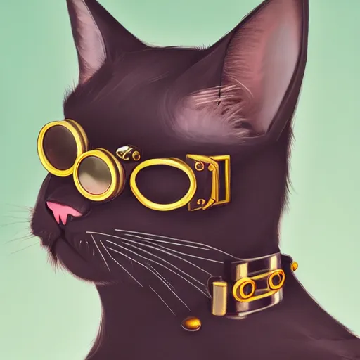 Prompt: a profile picture of a black cat with steampunk googles, by ROSS tran, 4k, side view