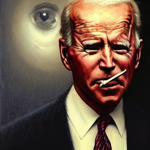 Image similar to presidential portrait of joe biden with smoking eyes and mouth as slenderman, by beksinski, jon mcnaughton, and stephen gammell