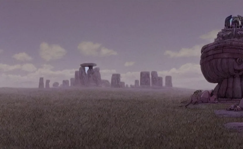 Image similar to movie still from princess mononoke ( 1 9 9 7 ) showing a highly detailed landscape with a giant long - haired buddha in lotus position with stonehenge in the background. 1 9 8 0 s science fiction, 1 9 7 0 s science fiction, cyberpunk, moody, misty, depth perception, 4 k, artstation