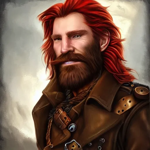 Prompt: portrait of a ruggedly handsome!!!!! male captain with long red hair!!!!!!, upper body, wavey hair, leather coat, friendly, Steampunk airship!!!!!!!, D&D, hairworks, Unreal 4, fantasy, simple clothing!!!!, elegant, highly detailed, digital painting, hairworks, deviantart, artstation, concept art, sharp focus, dramatic lighting, illustration, art by Artgerm and Greg Rutkowski and Alphonse Mucha