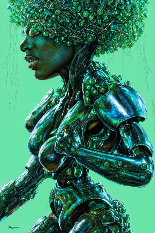 Image similar to hyperrealistic post - baroque super expressive! black woman with exoskeleton armor, merging with tree in a forest, highly detailed digital art masterpiece smooth cam de leon eric zener dramatic pearlescent blue green light ground angle hd 8 k sharp focus