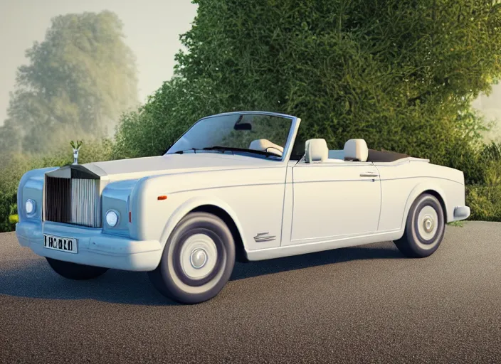 Image similar to a small miniature of a Rolls Royce Corniche Cabrio on a white table near a vase with a plant, 3d render, octane render, unreal engine 5, path tracing, serene landscape, calm, relaxing, beautiful landscape, highly detailed, high quality, 4k, symmetrical, low contrast