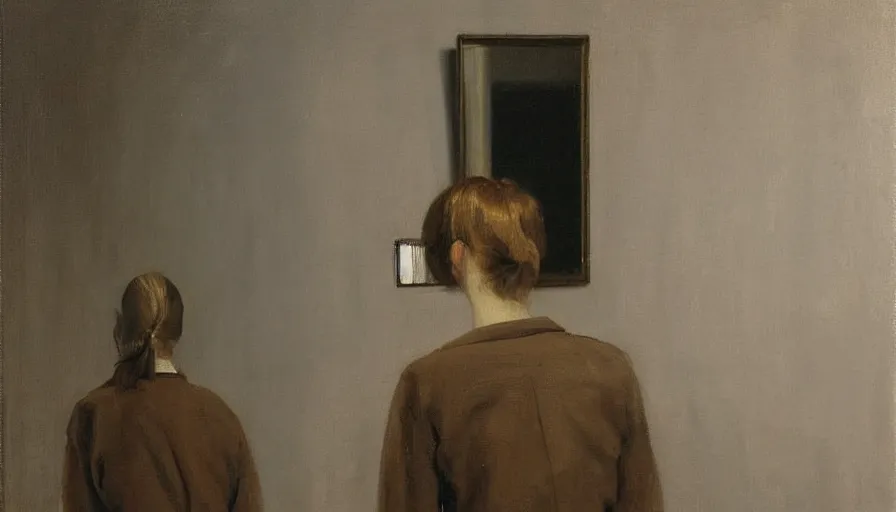 Image similar to painting by borremans, bird in front of the mirror, detailed, stunning