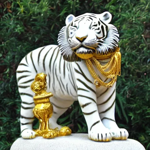 Prompt: gorgeous white tiger statue with gold filigree