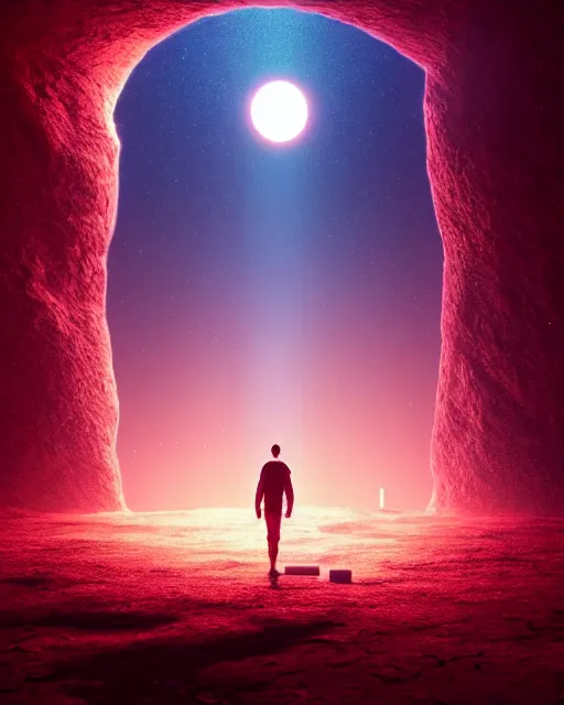 Image similar to a person standing in front of a glowy open door that's on a barren moon, poster art by mike winkelmann, trending on cg society, space art, sci - fi, ue 5, futuristic, volumetric lighting