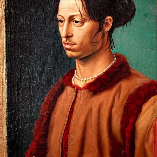 Image similar to a renaissance style portrait painting of travis scott