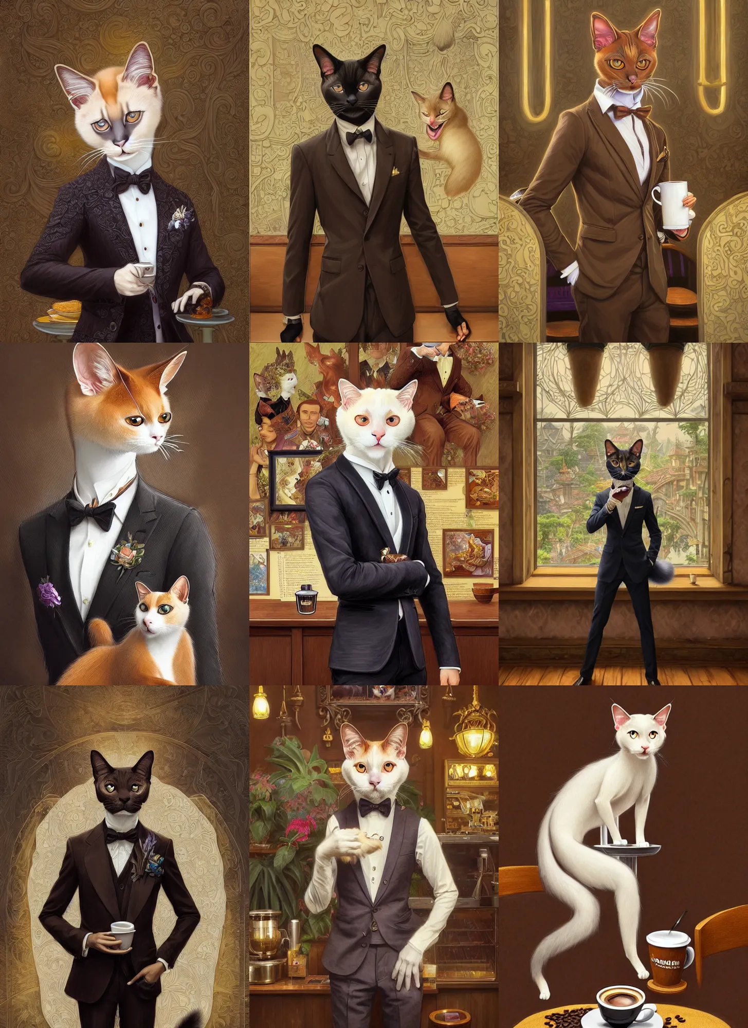 Prompt: full body photograph of a male anthropomorphic balinese cat fursona wearing a nice suit in a coffee shop, deep focus, intricate, elegant, highly detailed, digital painting, artstation, concept art, matte, sharp focus, illustration, d & d, fantasy, hearthstone, art by artgerm and greg rutkowski and alphonse mucha