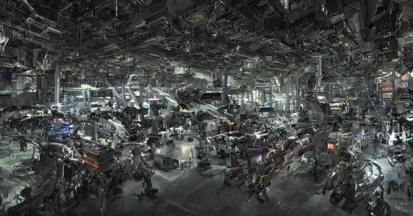 Image similar to Realistic detail photo of a factory interior for mech robots production, full of various electronic and mechanical mech parts, weapons, devices and instruments, with hardware engineers and scientists walking around, spotlights from ceiling, incredible sharp details, light contrast, dark atmosphere, bright vivid colours, reflections, metal speculars, rendered in Redshift, Octane,journalistic photography from year 2194,