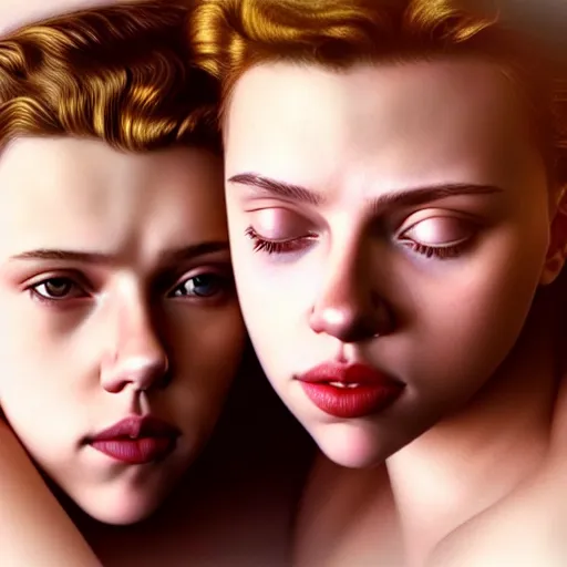 Image similar to intricate beautiful hyperreal portrait of a young scarlett johansson and young scarlett johansson, smiling softly, casual clothes, relaxing on the couch, home interior, golden hour, close up shot, 8 k, art by irakli nadar, hyperrealism, hyperdetailed, ultra realistic