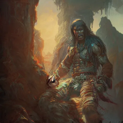 Prompt: painting of a Conan the barbarian, illustration, artistic, colorful, hyper detailed, in the style of Greg Rutkowski