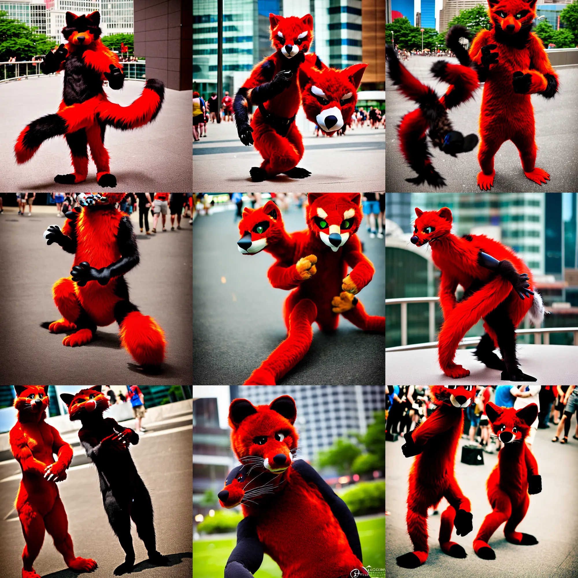 Image similar to fullbody photoshoot photo portrait of a cute roguish male red - black furred weasel furry fursuiter ( tail attached ), taken at anthrocon ( furry convention )