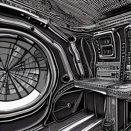 Image similar to intricate mechanical interior of a 1 9 7 0 s spaceship, victorian goth, retro, trending on art station, 4 k wallpaper