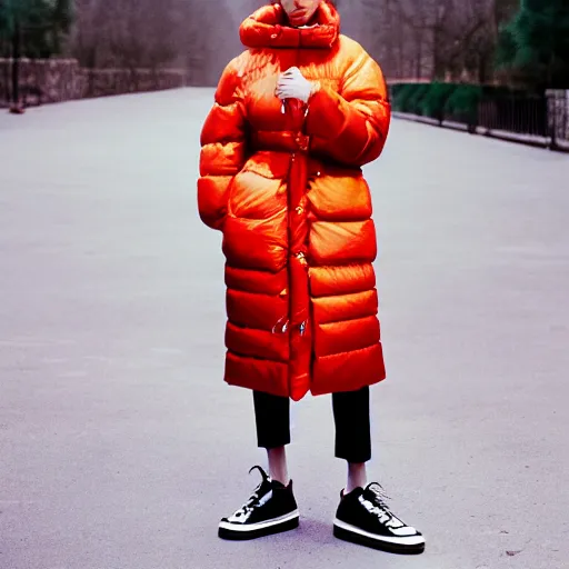 Image similar to realistic photoshooting for a new balenciaga lookbook, color film photography, portrait of a blonde asian woman, model wearing a puffer jacket, photo in style of tyler mitchell, 3 5 mm,