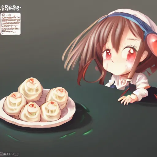 Image similar to happy cute anime girl eats dumplings, concept art, trending on artstation, highly detailed, intricate, sharp focus, digital art, 8 k