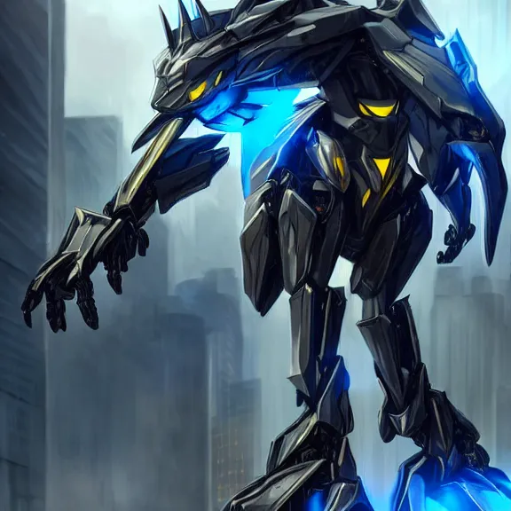 Prompt: cinematic shot, detailed handsome feral robot mecha dragon, sharp edged black armor, gold accents, sleek blue visor for eyes, two arms, two legs, two massive black wings on his back, walking in busy city streets, epic shot, highly detailed art, 3D realistic, furry art, dragon art, feral art, macro art, furaffinity, DeviantArt, sofurry