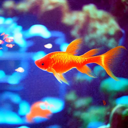 Prompt: luminescent glowing goldfish swimming in an aquarium, photography