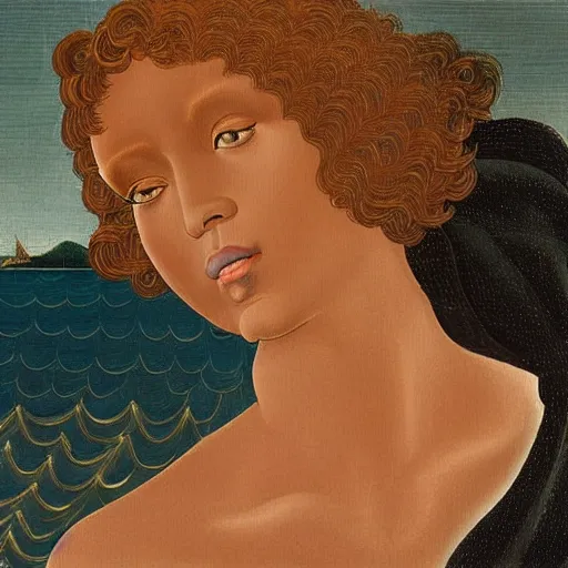 Image similar to Whitney Houston as Botticelli\'s The birth of Venus as a pretty African Black woman with short black hair and black skin rising from the sea on a shell, accurate face
