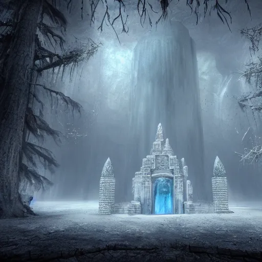Prompt: 3d rendering of fantasy frozen abandoned temple, foggy atmosphere, volumetric lighting, fantasy artwork, very beautiful scenery, very realistic painting effect, hd, hdr, unreal engine 5, cinematic 4k wallpaper, 8k, ultra detailed, high resolution, artstation